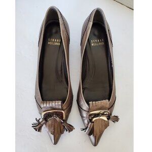 Stuart Weitzman Bronze Pointed Toe Tassels Kitten Heel Pumps Size 5.5 Old Money